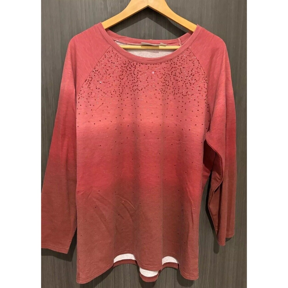 Quacker Factory Shirt Women's Large Coral Stretch Sequin Raglan Sleeve Ombre